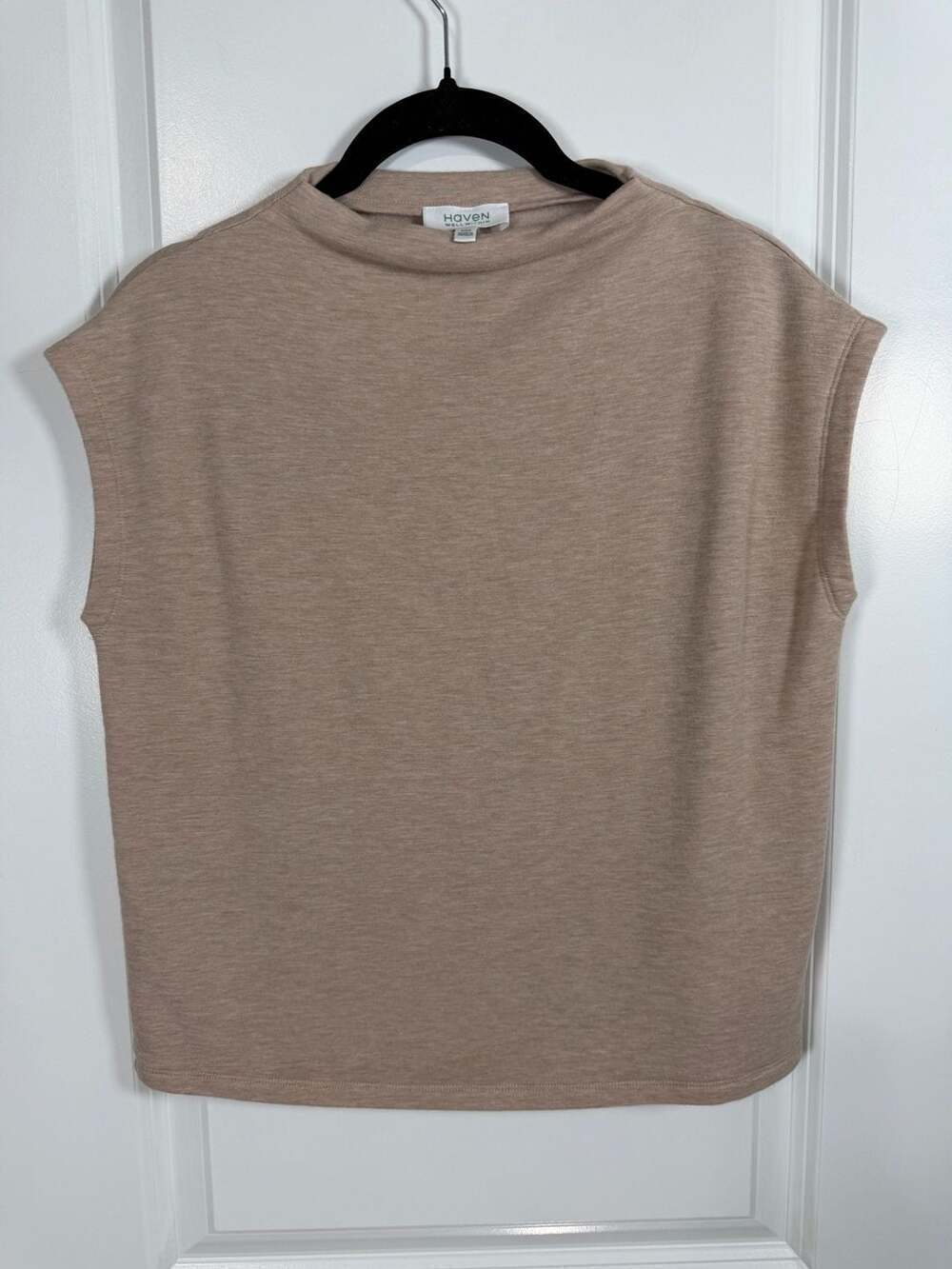 Haven Well Within Tencel Lyocell Mock Neck Cap Sleeve Top in Heather Tan